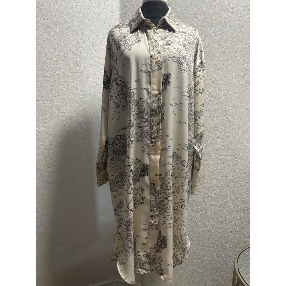 HM Womens Large Cream Black Scenic Toile Print Satin Shirt Dress Long Sleeve L